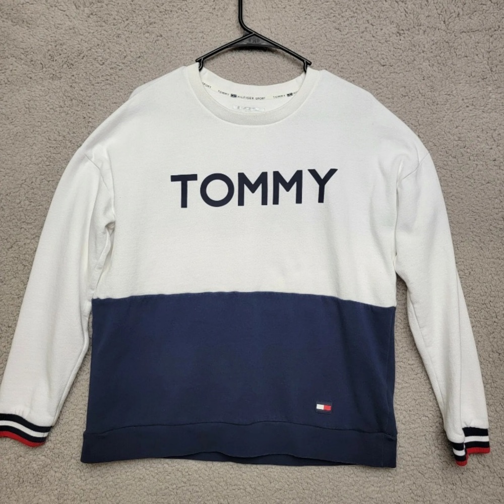 Tommy Hilfiger Sport Sweater Adult Large White Blue Pullover Long Sleeve Mens L